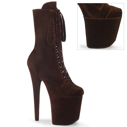 8" Heel, 4" PF Velvet Lace-Up Front Ankle Boot (Pleaser FLAM1045VEL/B/M)