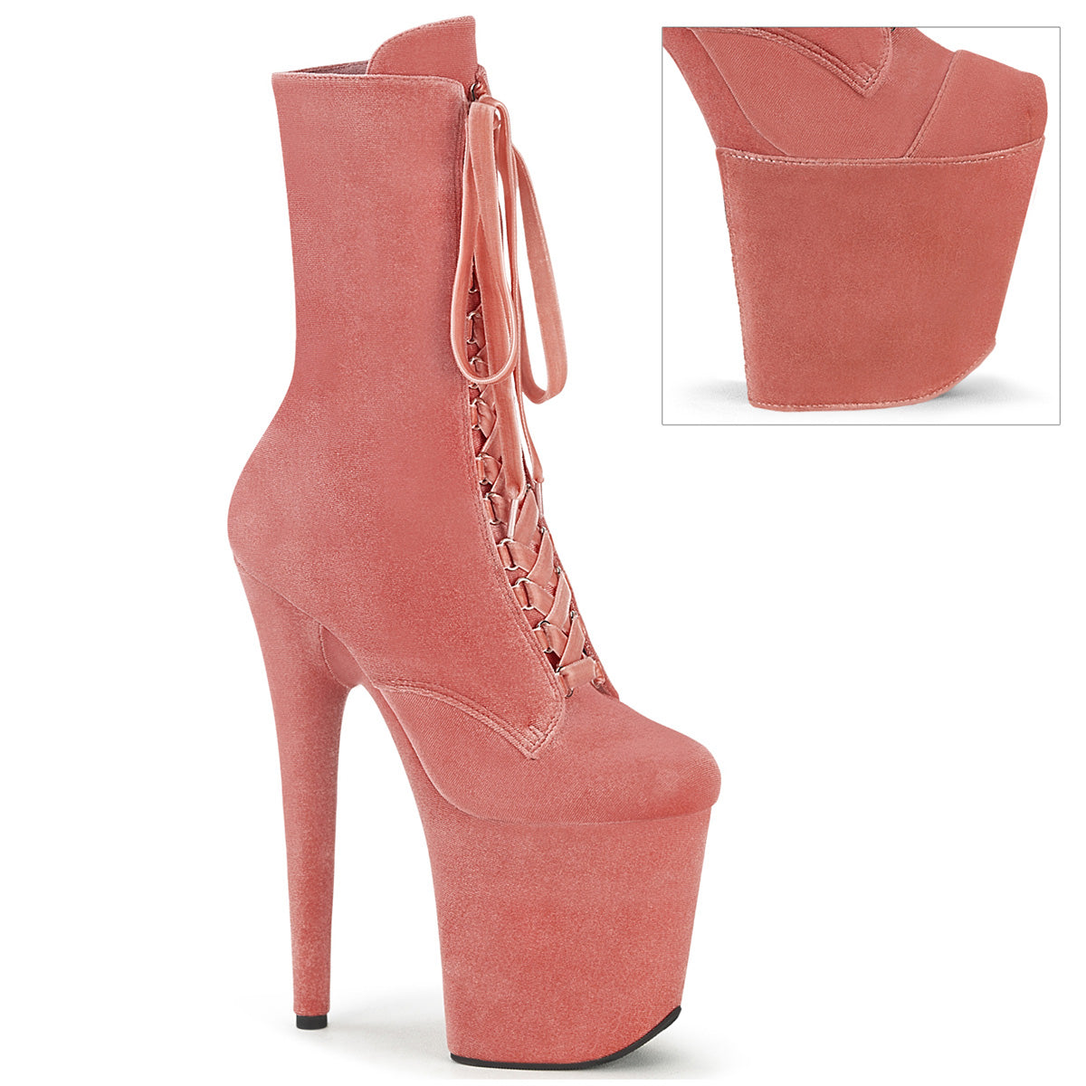 8" Heel, 4" PF Velvet Lace-Up Front Ankle Boot (Pleaser FLAM1045VEL/B/M)