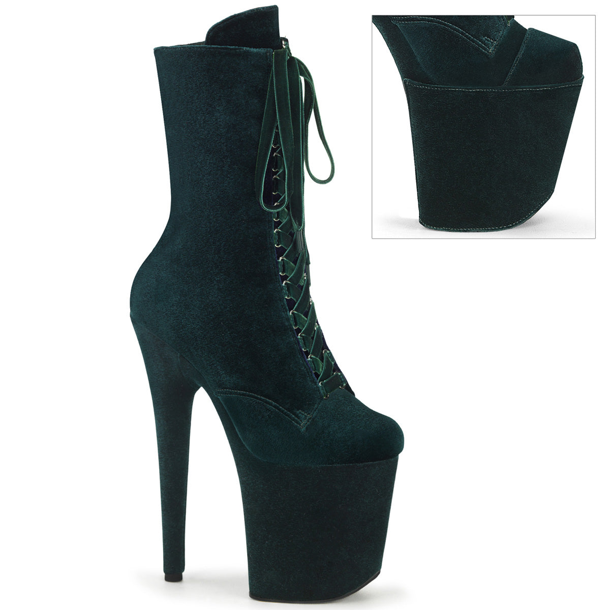 8" Heel, 4" PF Velvet Lace-Up Front Ankle Boot (Pleaser FLAM1045VEL/B/M)