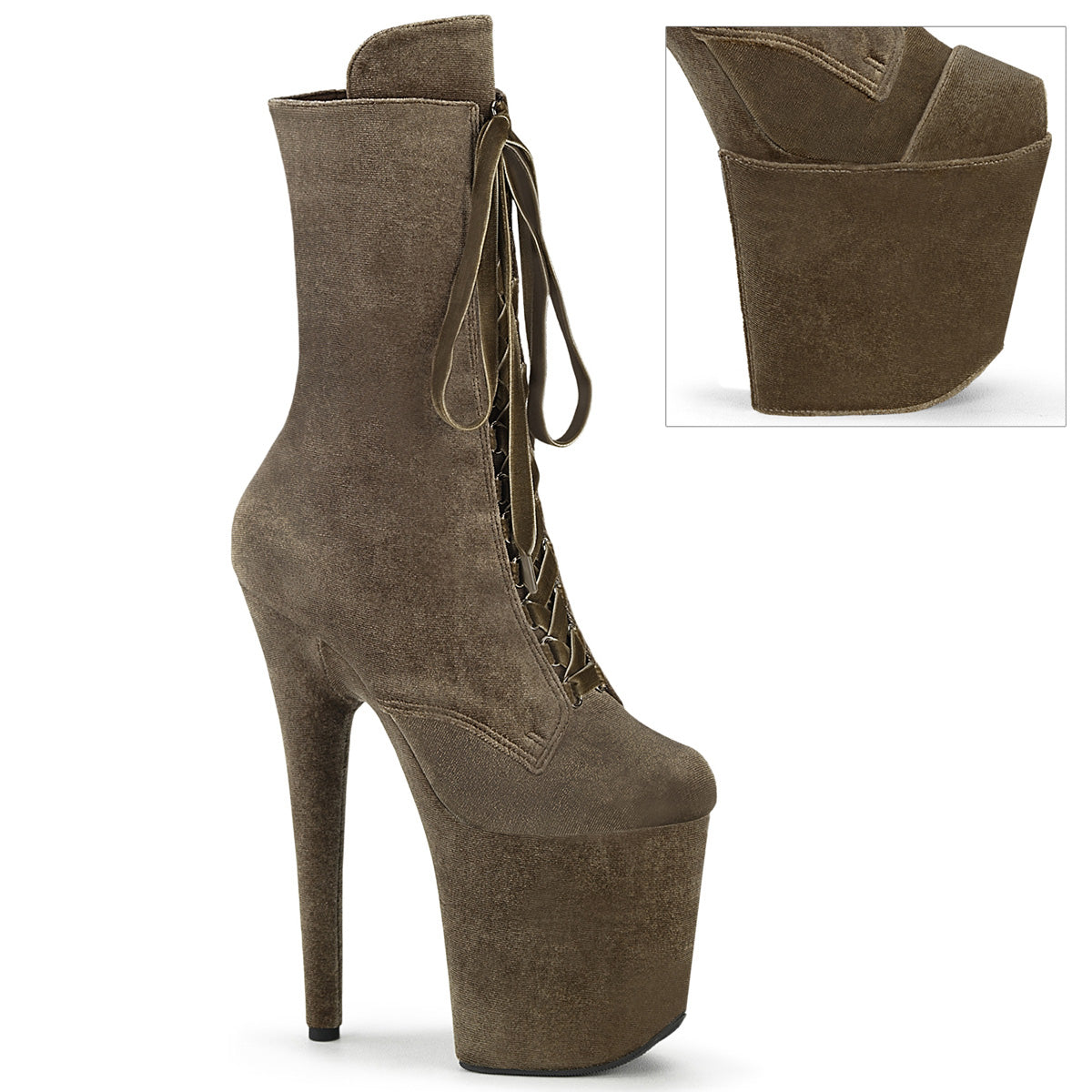 8" Heel, 4" PF Velvet Lace-Up Front Ankle Boot (Pleaser FLAM1045VEL/B/M)