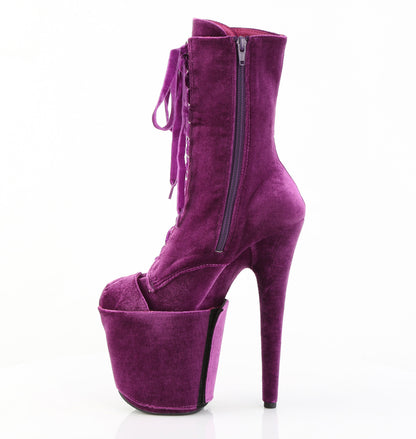 8" Heel, 4" PF Velvet Lace-Up Front Ankle Boot (Pleaser FLAM1045VEL/B/M)