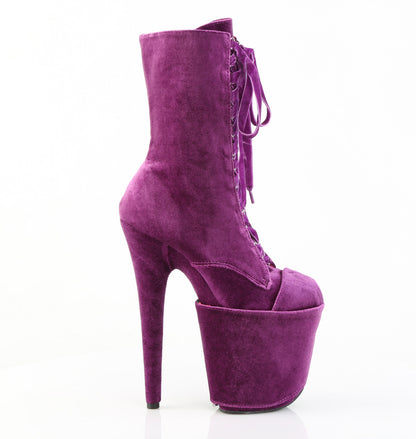 8" Heel, 4" PF Velvet Lace-Up Front Ankle Boot (Pleaser FLAM1045VEL/B/M)