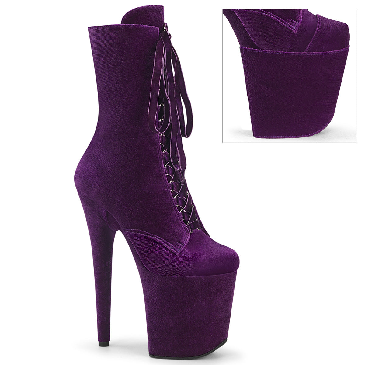 8" Heel, 4" PF Velvet Lace-Up Front Ankle Boot (Pleaser FLAM1045VEL/B/M)