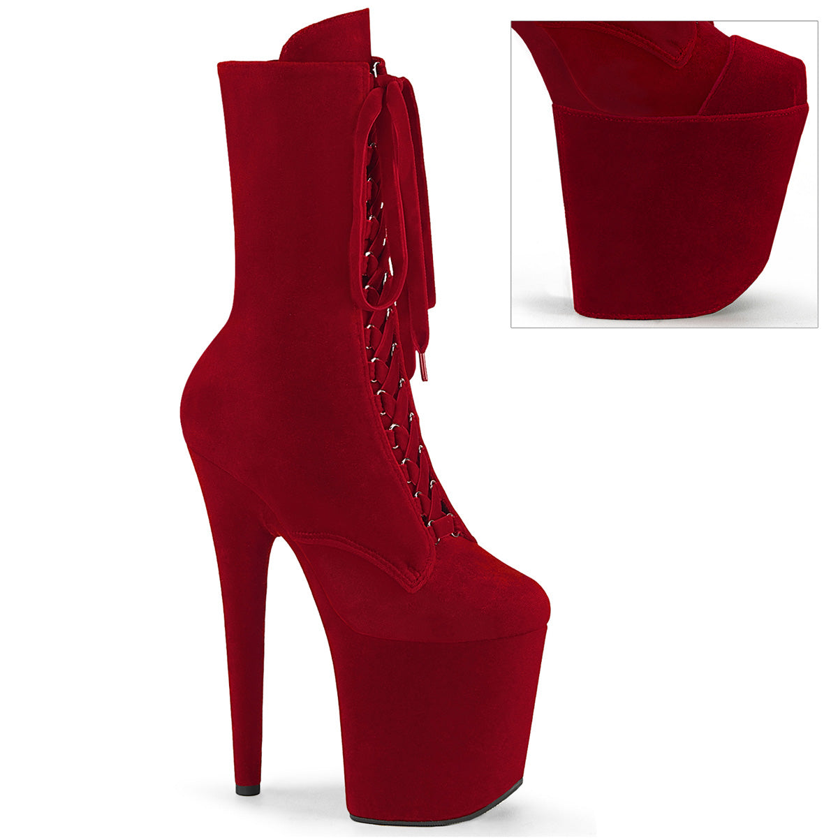 8" Heel, 4" PF Velvet Lace-Up Front Ankle Boot (Pleaser FLAM1045VEL/B/M)