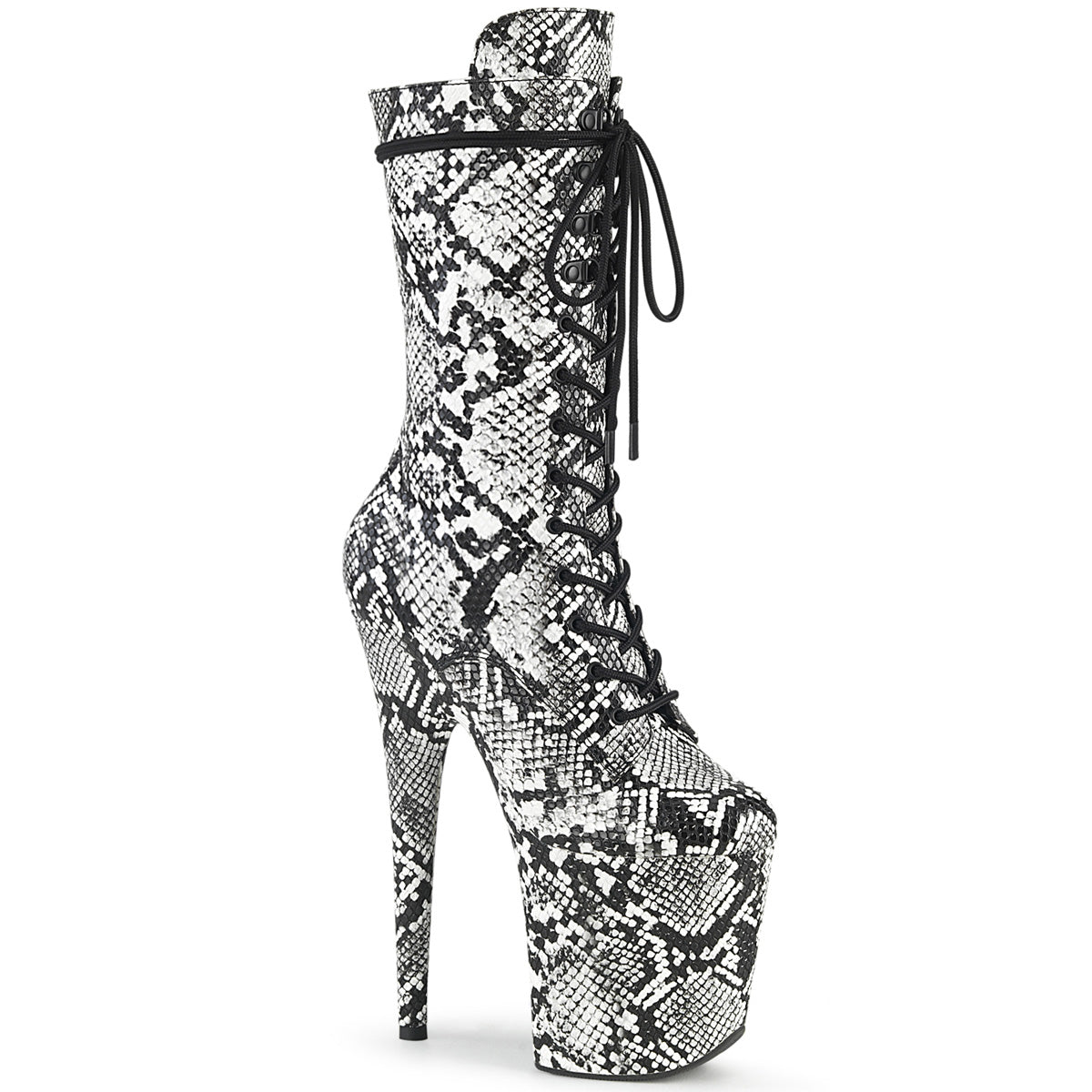 8" Heel, 4" PF Lace-Up Front Mid Calf Boot, Side Zip (Pleaser FLAM1050SP/B-WSP/M)