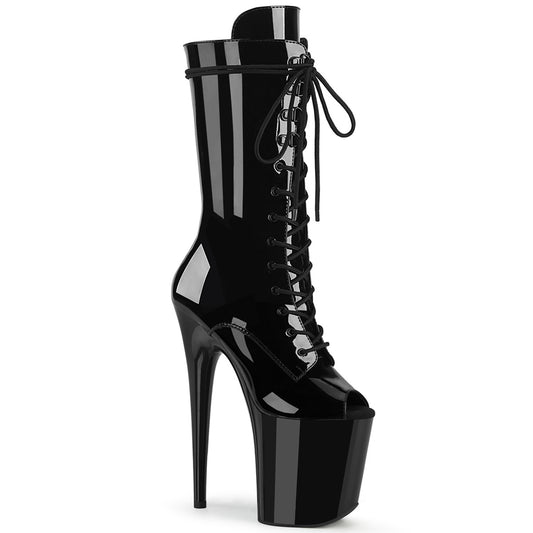 8" Heel, 4" PF Peep Toe Lace-Up Mid Calf Boot, Side Zip (Pleaser FLAM1051/B/M)