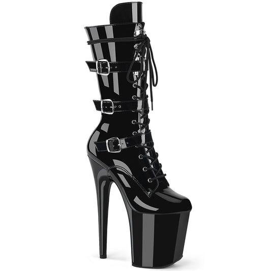 8" Heel, 4" PF Lace-Up Buckled Mid-Calf Boot, Side Zip (Pleaser FLAM1053/B/M)