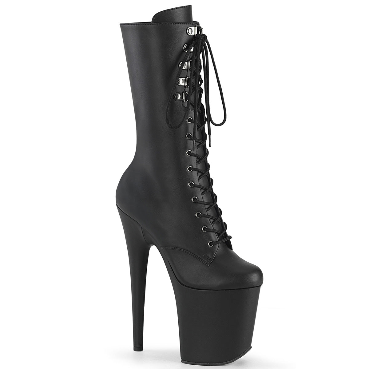 8" Heel, 4" PF Lace-Up Front Mid Calf Boot, Side Zip (Pleaser FLAM1054/B/M)