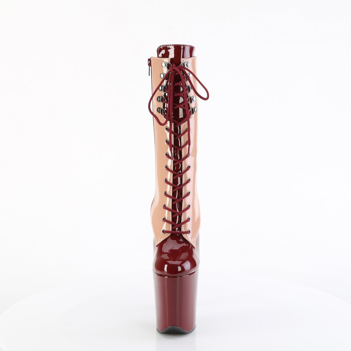 *8" Heel, 4" PF Two Tone Lace-Up Mid Calf Boot, Side Zip (Pleaser FLAM1054DC/BH-BY/M)