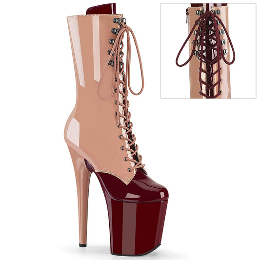 *8" Heel, 4" PF Two Tone Lace-Up Mid Calf Boot, Side Zip (Pleaser FLAM1054DC/BH-BY/M)