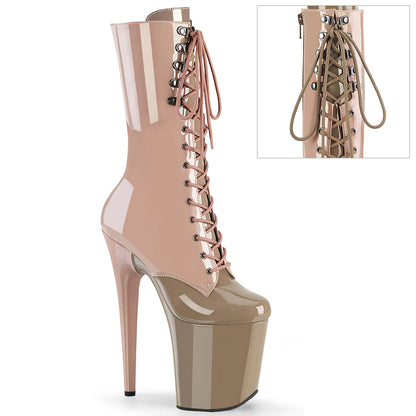 *8" Heel, 4" PF Two Tone Lace-Up Mid Calf Boot, Side Zip (Pleaser FLAM1054DC/BH-BY/M)