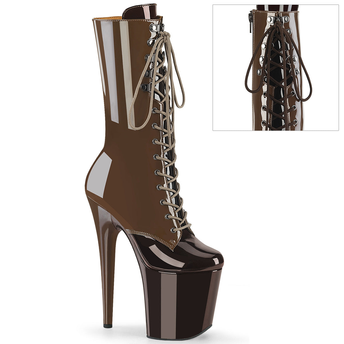 *8" Heel, 4" PF Two Tone Lace-Up Mid Calf Boot, Side Zip (Pleaser FLAM1054DC/BH-BY/M)