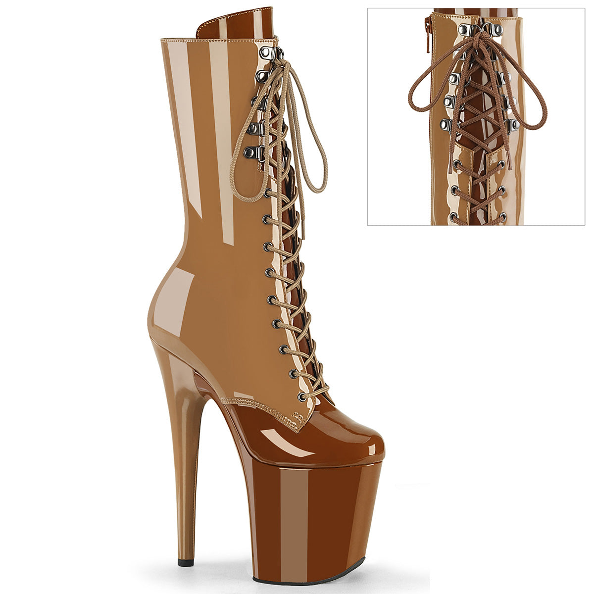 *8" Heel, 4" PF Two Tone Lace-Up Mid Calf Boot, Side Zip (Pleaser FLAM1054DC/BH-BY/M)