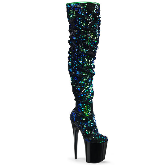 *8" Heel, 4" PF Slouch Thigh Boot, Side Zip (Pleaser FLAM3004/GRNSQ/B)