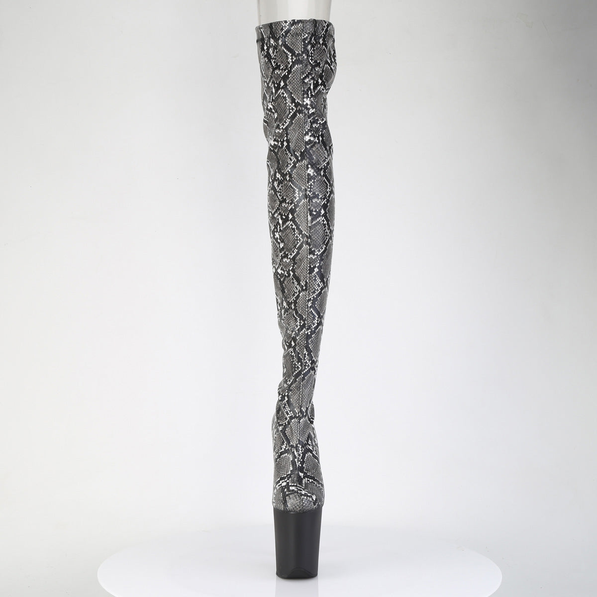 *8" Heel, 4" PF Stretch Snake Print Pull-On Thigh Boot (Pleaser FLAM3008SP-BT/GY-B/B)