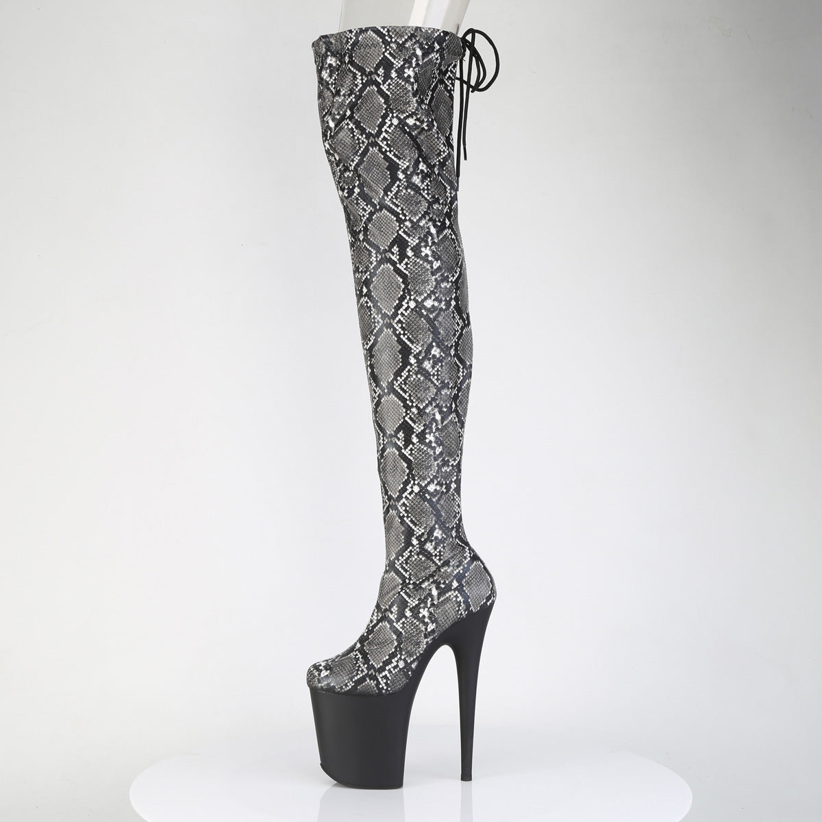 *8" Heel, 4" PF Stretch Snake Print Pull-On Thigh Boot (Pleaser FLAM3008SP-BT/GY-B/B)