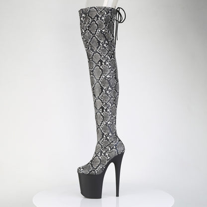 *8" Heel, 4" PF Stretch Snake Print Pull-On Thigh Boot (Pleaser FLAM3008SP-BT/GY-B/B)