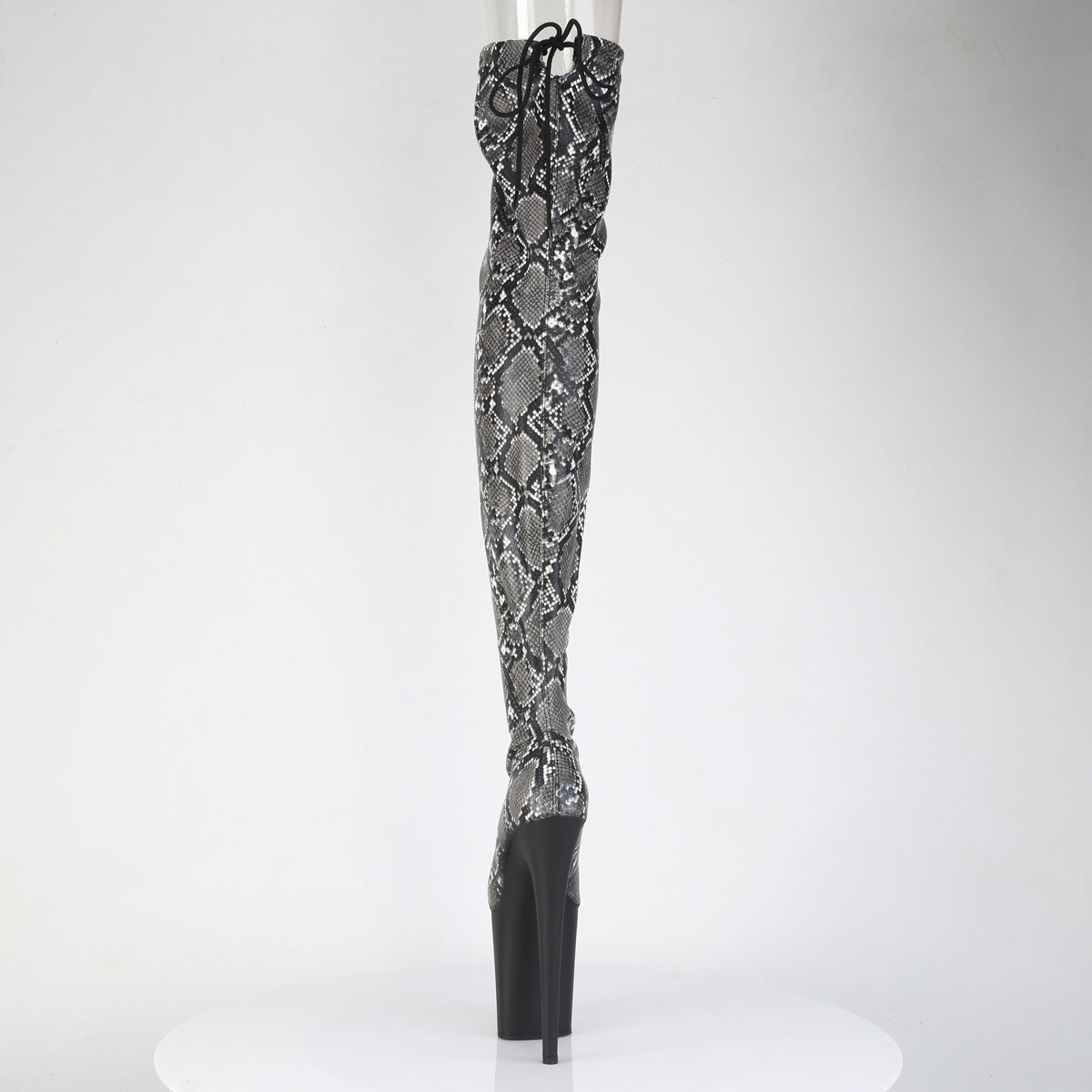 *8" Heel, 4" PF Stretch Snake Print Pull-On Thigh Boot (Pleaser FLAM3008SP-BT/GY-B/B)