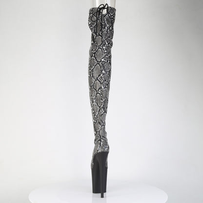 *8" Heel, 4" PF Stretch Snake Print Pull-On Thigh Boot (Pleaser FLAM3008SP-BT/GY-B/B)