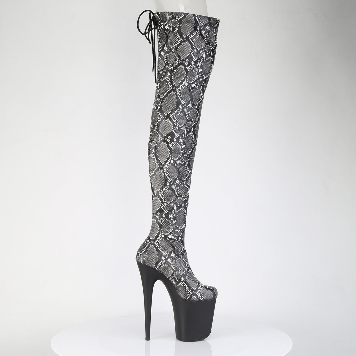 *8" Heel, 4" PF Stretch Snake Print Pull-On Thigh Boot (Pleaser FLAM3008SP-BT/GY-B/B)