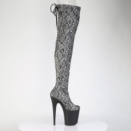 *8" Heel, 4" PF Stretch Snake Print Pull-On Thigh Boot (Pleaser FLAM3008SP-BT/GY-B/B)