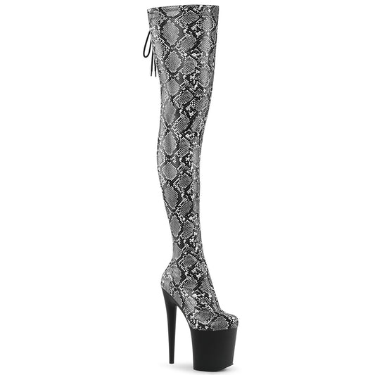 *8" Heel, 4" PF Stretch Snake Print Pull-On Thigh Boot (Pleaser FLAM3008SP-BT/GY-B/B)