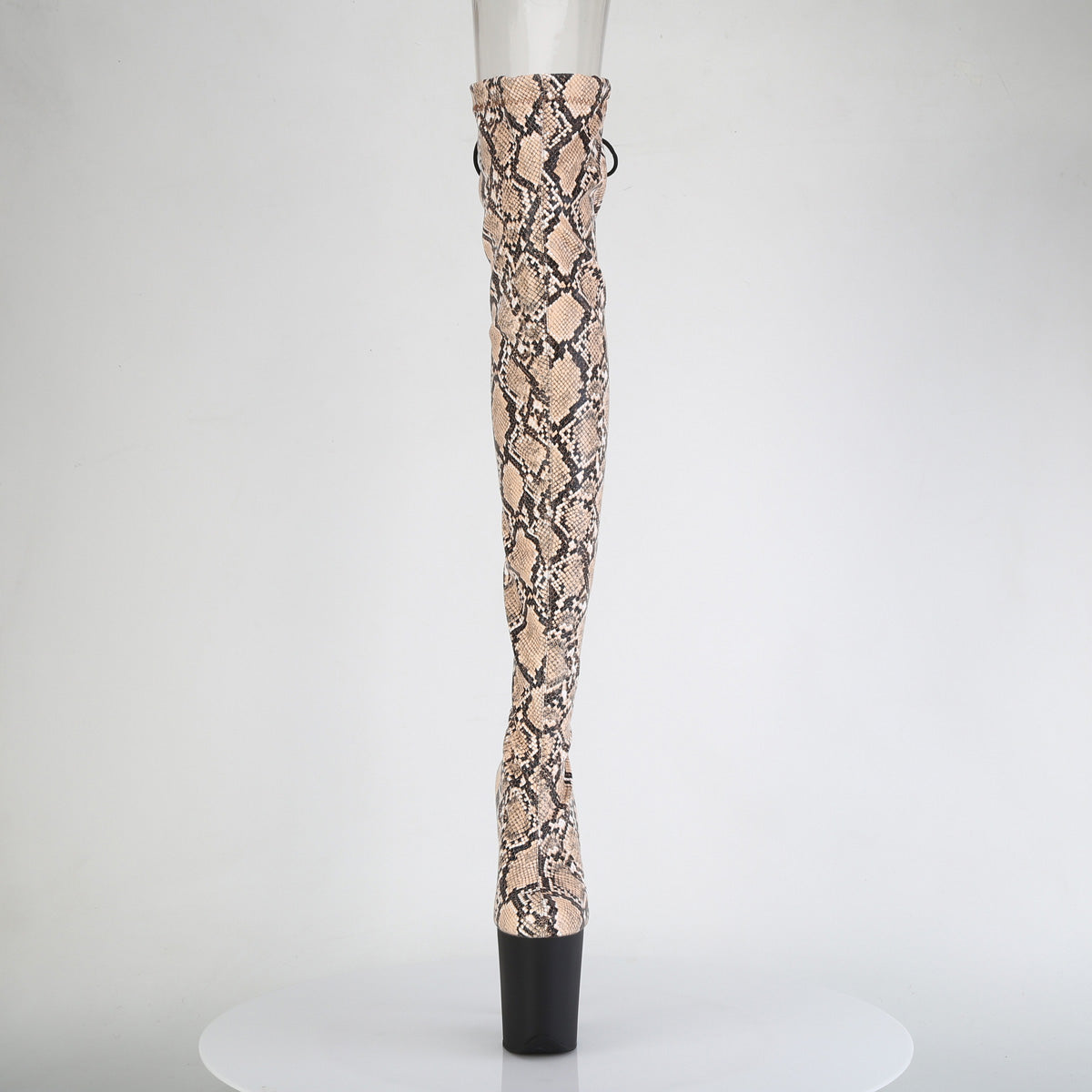 *8" Heel, 4" PF Stretch Snake Print Pull-On Thigh Boot (Pleaser FLAM3008SP-BT/GY-B/B)