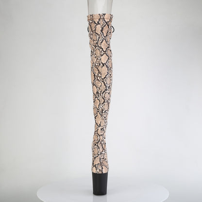 *8" Heel, 4" PF Stretch Snake Print Pull-On Thigh Boot (Pleaser FLAM3008SP-BT/GY-B/B)