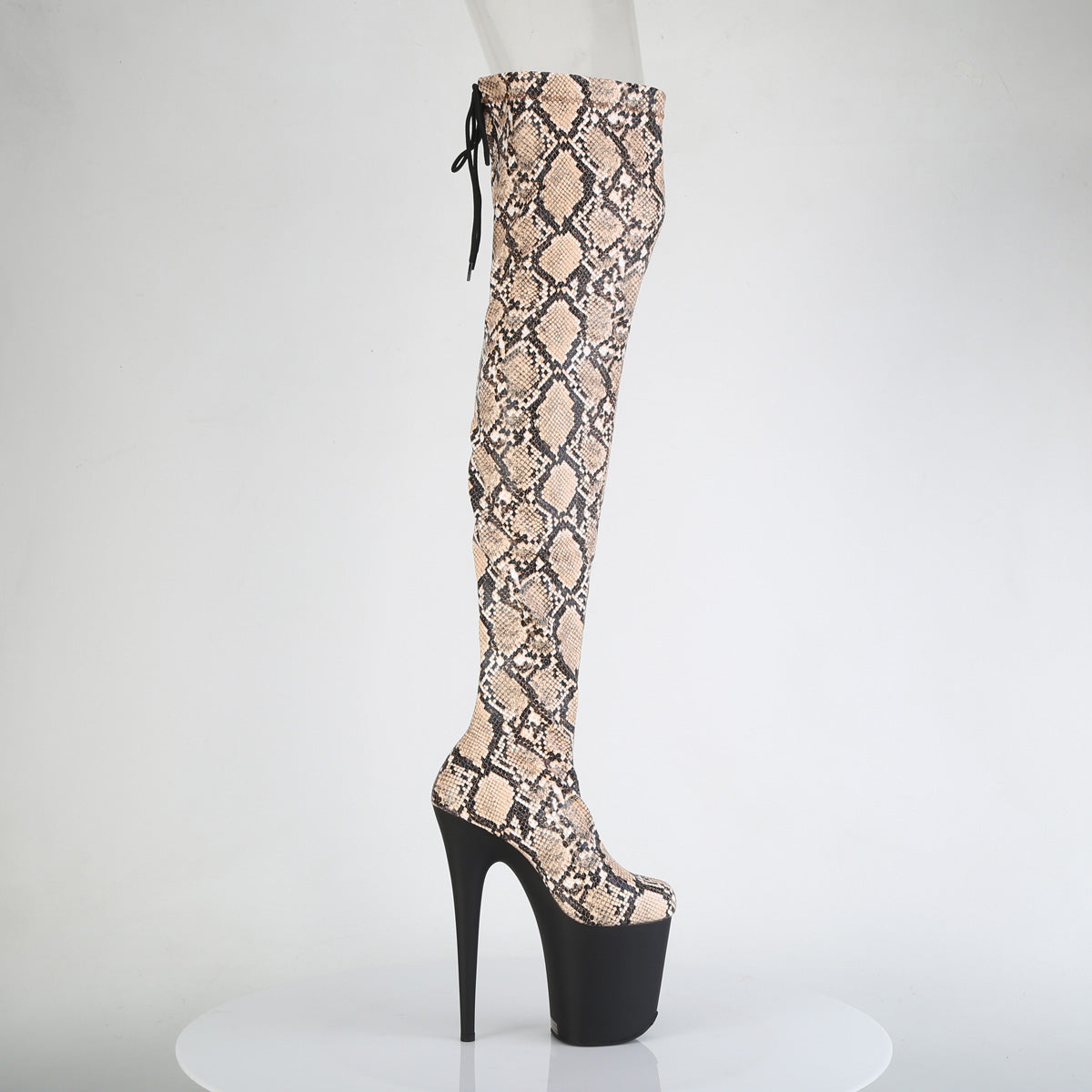 *8" Heel, 4" PF Stretch Snake Print Pull-On Thigh Boot (Pleaser FLAM3008SP-BT/GY-B/B)