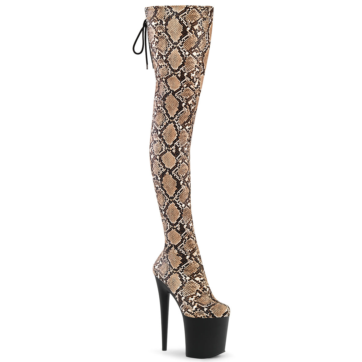 *8" Heel, 4" PF Stretch Snake Print Pull-On Thigh Boot (Pleaser FLAM3008SP-BT/GY-B/B)