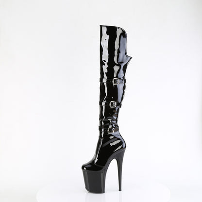 **8" Heel, 4" PF Triple Buckle Strap OTK Boot, Side (Pleaser FLAM3018/B/M)