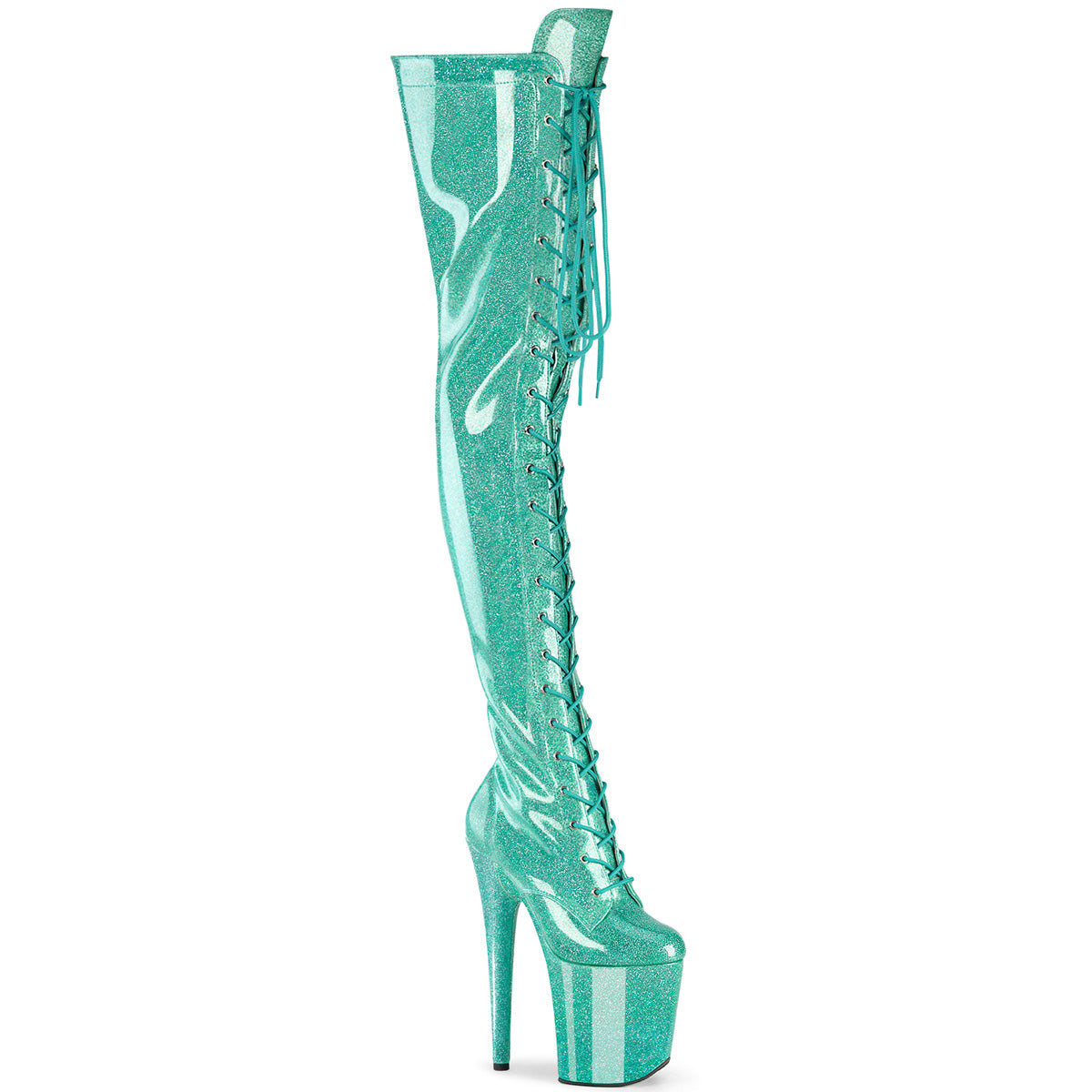 *8" Heel, 4" PF Lace-Up Stretch Thigh Boot, Side Zip (Pleaser FLAM3020GP/AQG/M)
