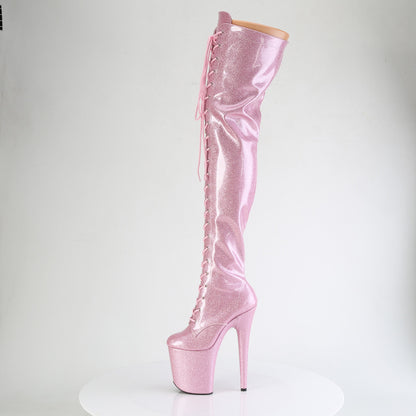 *8" Heel, 4" PF Lace-Up Stretch Thigh Boot, Side Zip (Pleaser FLAM3020GP/AQG/M)