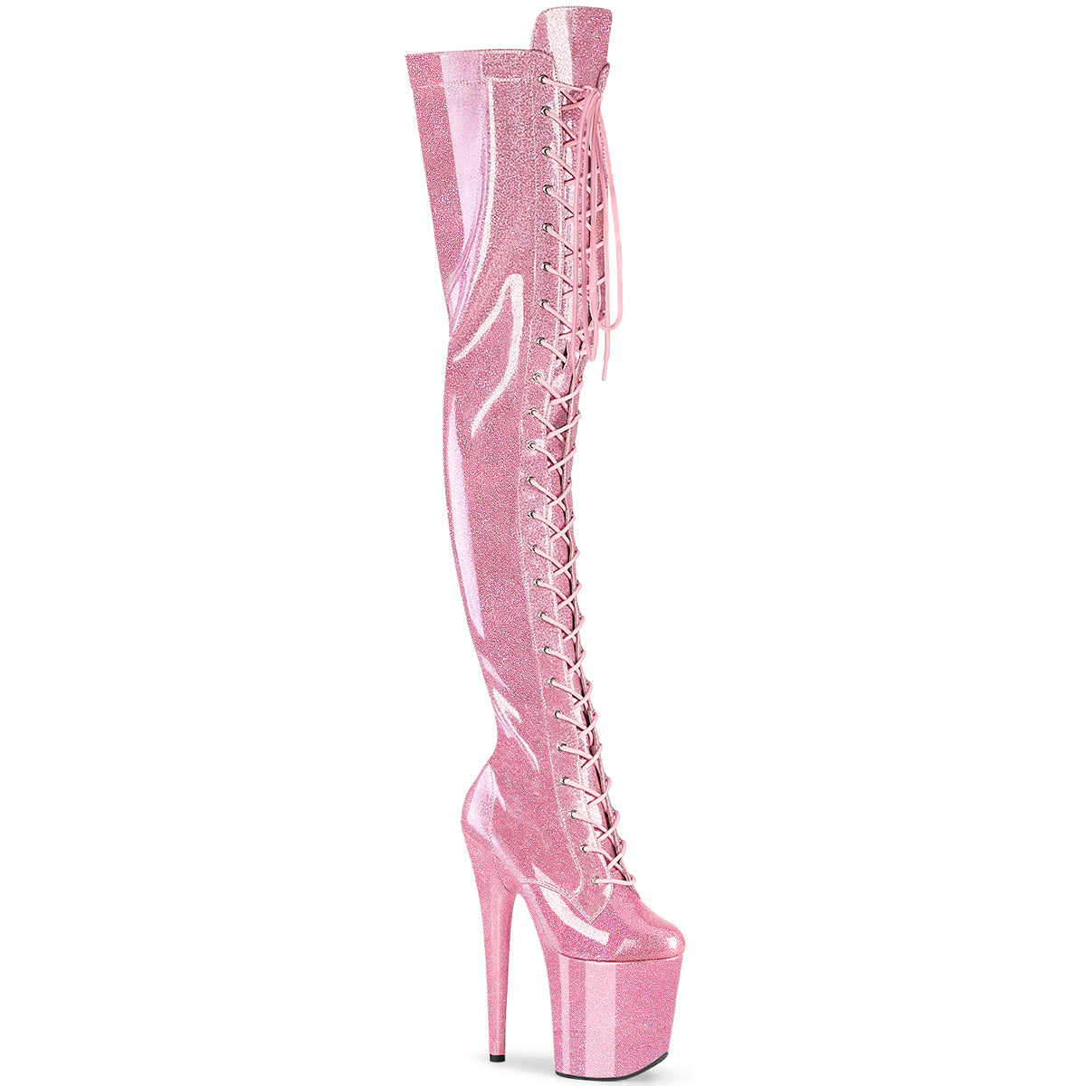 *8" Heel, 4" PF Lace-Up Stretch Thigh Boot, Side Zip (Pleaser FLAM3020GP/AQG/M)
