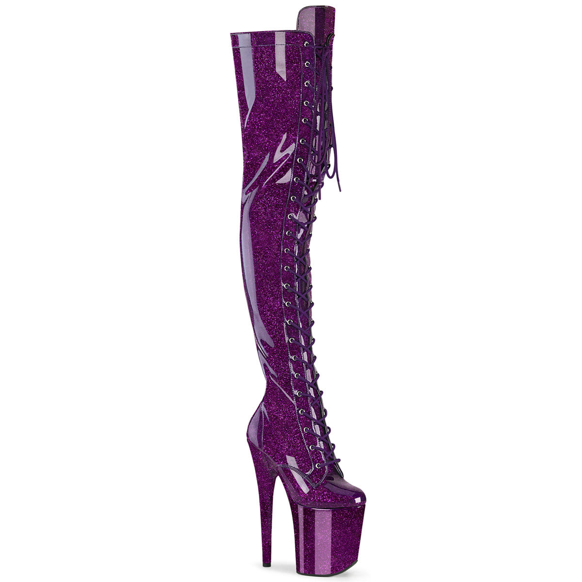 *8" Heel, 4" PF Lace-Up Stretch Thigh Boot, Side Zip (Pleaser FLAM3020GP/AQG/M)