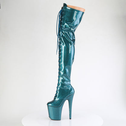 *8" Heel, 4" PF Lace-Up Stretch Thigh Boot, Side Zip (Pleaser FLAM3020GP/AQG/M)