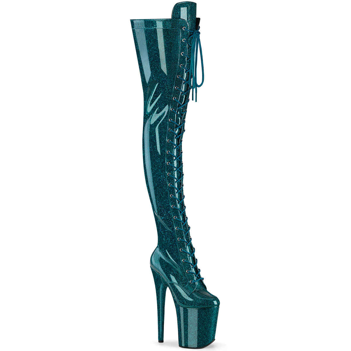 *8" Heel, 4" PF Lace-Up Stretch Thigh Boot, Side Zip (Pleaser FLAM3020GP/AQG/M)