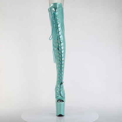 *8" Heel, 4" PF Peep Toe Lace-Up Thigh Boot, Side Zip (Pleaser FLAM3021GP/AQG/M)