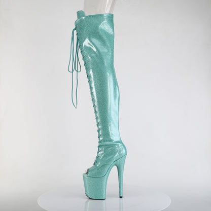 *8" Heel, 4" PF Peep Toe Lace-Up Thigh Boot, Side Zip (Pleaser FLAM3021GP/AQG/M)
