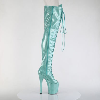*8" Heel, 4" PF Peep Toe Lace-Up Thigh Boot, Side Zip (Pleaser FLAM3021GP/AQG/M)