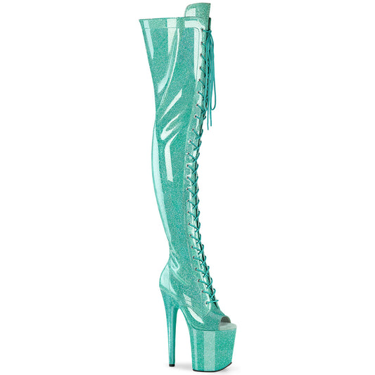 *8" Heel, 4" PF Peep Toe Lace-Up Thigh Boot, Side Zip (Pleaser FLAM3021GP/AQG/M)