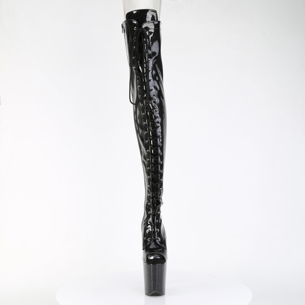 *8" Heel, 4" PF Peep Toe Lace-Up Thigh Boot, Side Zip (Pleaser FLAM3021GP/AQG/M)