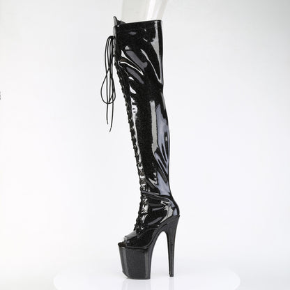 *8" Heel, 4" PF Peep Toe Lace-Up Thigh Boot, Side Zip (Pleaser FLAM3021GP/AQG/M)