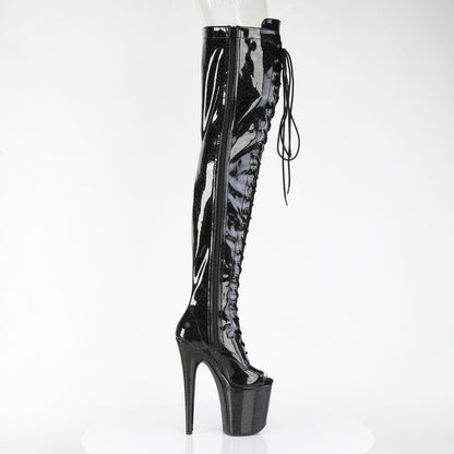 *8" Heel, 4" PF Peep Toe Lace-Up Thigh Boot, Side Zip (Pleaser FLAM3021GP/AQG/M)