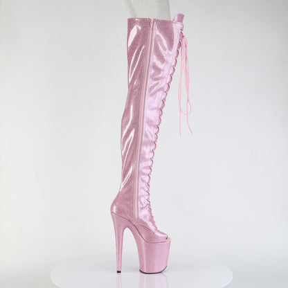 *8" Heel, 4" PF Peep Toe Lace-Up Thigh Boot, Side Zip (Pleaser FLAM3021GP/AQG/M)