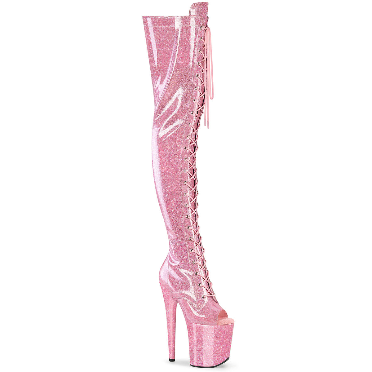 *8" Heel, 4" PF Peep Toe Lace-Up Thigh Boot, Side Zip (Pleaser FLAM3021GP/AQG/M)