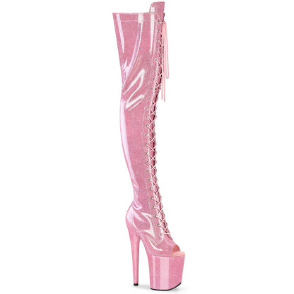 *8" Heel, 4" PF Peep Toe Lace-Up Thigh Boot, Side Zip (Pleaser FLAM3021GP/AQG/M)