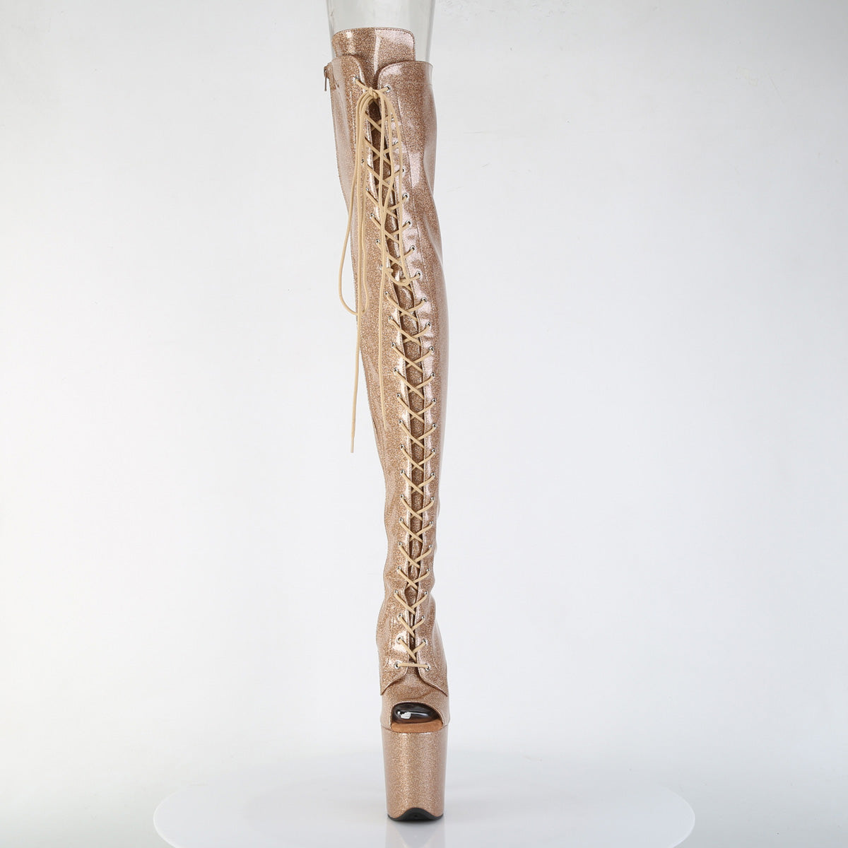 *8" Heel, 4" PF Peep Toe Lace-Up Thigh Boot, Side Zip (Pleaser FLAM3021GP/AQG/M)