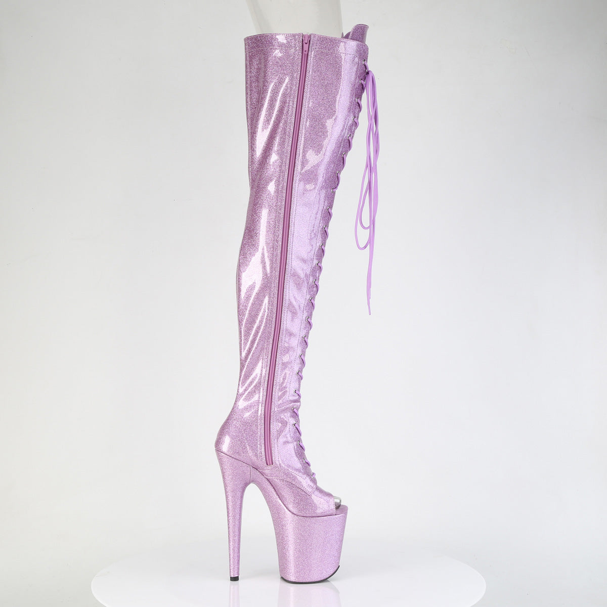 *8" Heel, 4" PF Peep Toe Lace-Up Thigh Boot, Side Zip (Pleaser FLAM3021GP/AQG/M)