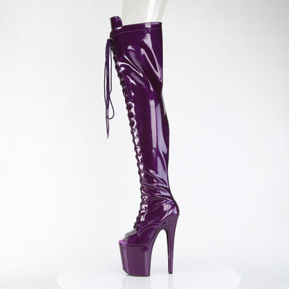 *8" Heel, 4" PF Peep Toe Lace-Up Thigh Boot, Side Zip (Pleaser FLAM3021GP/AQG/M)